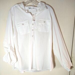 CATO WOMEN'S PLUS SIZE 18/20W WHITE STRETCH PULLOVER/BUTTON SHIRT 2   POCKETS +